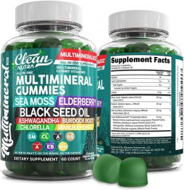 Kẹo dẻo rêu biển sạch |Black Seed Oil Ashwagandha, Elderberry, Burdock Root, Chlorella, Manuka Honey - Vegan Irish Sea Moss Gummy Vitamins For Adults Kids Men Women - Multimineral Green Apple Flavor