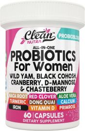 Clean Nutra Probiotics dành cho phụ nữ + Khoai mỡ hoang, DIM, Black Cohosh, Maca, Red Clover, Aloe Vera, Dong Quai, Chasteberry, Turmeric, Iron, Cranberry, Vitamin D, Vitamin K - Womens Probiotic 60 Capsules
