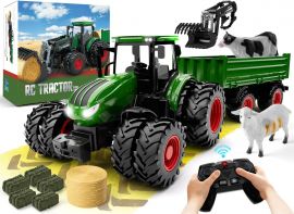 Bộ Máy Kéo Điều Khiển Từ Xa, Kids RC Tractor Set & Truck and Trailer Front Loader - Metal Car Head/8 Wheel/Light, Toddlers Farm Vehicle Toys for 3 4 5 6 7 8 9 Year Old Boys Girls Birthday Gift