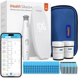 "Bộ theo dõi đường huyết thông minh không dây iHealth Gluco+ kèm ứng dụng miễn phí, 100 Glucometer Strips, 100 Lancets, 1 Blood Sugar Monitor, 1 Lancing Device, Portable Diabetes Testing Kit for Home Use Visit the iHealth Store"