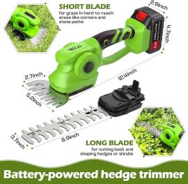 Cordless Hedge Trimmer, 2-in-1 Hedge Trimmer, Ultra Long Battery Life with Battery*2, high-Power and high-Capacity Grass Trimmer for Gardens, Yards and lawns, Including Charger