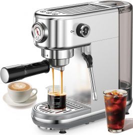 Máy pha cà phê espresso có máy đánh bọt sữa, 20 Bar High Pressure Professional Espresso Maker Automatic, Compact Stainless Steel Coffee Machine for Cappuccino, Latte, Gift for Coffee Lover, Silver