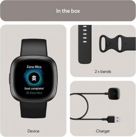  Đồng hồ thông minh theo dõi sức khỏe Fitbit Versa 4 có tính năng sẵn sàng hàng ngày, GPS, Nhịp tim 24/7, Hơn 40 chế độ tập luyện, Theo dõi giấc ngủ và nhiều tính năng khác, Đen/Than chì, Một kích cỡ