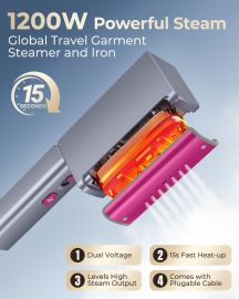 Máy hấp quần áo du lịch 1200W mini di động, điện áp kép, máy hấp quần áo và bàn ủi nhỏ gọn có thể gấp lại, máy hấp quần áo nhỏ gọn, làm nóng nhanh 15 giây, cáp cắm được, du lịch toàn cầu (110-220V)