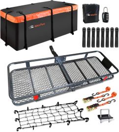 Giỏ đựng hàng hóa gắn móc kéo gấp MeeFar, MeeFar Folding Hitch Mount Cargo Carrier Basket 60" X 20" X 6"+Waterproof Cargo Bag 16 Cubic Feet(58" 19" 24"),Hauling Weight Capacity of 500 Lbs and A Folding Arm.with Hitch Stabilizer,Net and Straps