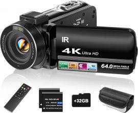 Máy quay video 4K Máy quay vlog UHD 64MP cho YouTube Zoom kỹ thuật số 18x Màn hình cảm ứng IPS xoay 270° 3" có chế độ nhìn ban đêm, điều khiển từ xa, thẻ 32GB, 2 pin