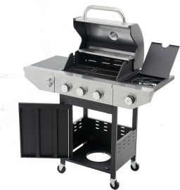 Bếp gas BBQ Seizeen, 3 Burners BBQ Grill with Side Burner, Outdoor Camping Grill 430 Stainless Steel, 133950BTU, One-button Ignition System, Thermometer, 4 Wheels