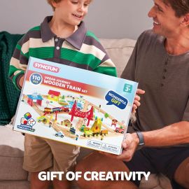Bộ 110 tàu hỏa bằng gỗ - Hành trình đô thị, Bộ đường sắt cảnh thành phố với tàu hỏa, ô tô, trực thăng và tàu thủy từ tính, Quà tặng đồ chơi sinh nhật Giáng sinh hoàn hảo cho trẻ em từ 3-8 tuổi
