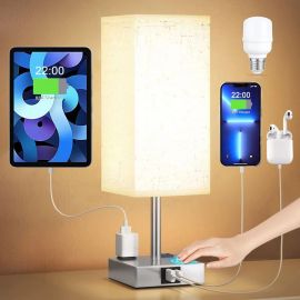 Đèn ngủ, đèn để bàn with USB A+C Charging Ports and Outlets, Touch Lamps Bedside with 3 Way Dimmable, Table Lamps for Bedroom Living Room (LED Bulb Included)