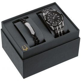Bộ quà tặng đồng hồ pha lê đen Bulova dành cho nam kèm vòng tay ID 98K109