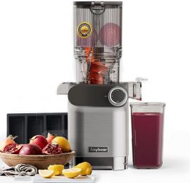 Anybear Cold Press Juicer, máy ép chậm 200W, ống nạp lớn 4,3 inch, phù hợp với trái cây và rau củ nguyên quả | Trục vít chịu lực | Vật liệu Tritan | Không chứa BPA | Dễ dàng vệ sinh (Màu bạc)