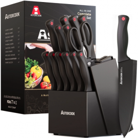 Bộ dao nhà bếp Astercook, Astercook Kitchen Knife Set, 15 Pcs Knives Block Set with Built-in Sharpener, Healthy Anti-Rust Coating & German Stainless Steel Knife Set, Dishwasher Safe Black