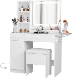 Bàn trang điểm có ngăn kéo và tủ IRONCK Vanity Desk with LED Lighted Mirror & Power Outlet, Storage Stool,for Bedroom, White