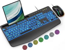 Bộ bàn phím và chuột có dây, Large Print Backlit Keyboard with Wrist Rest and 7-Color Backlit, Lighted Computer Keyboards Easy to See, Light Up USB Keyboard Mouse Combo for PC, Windows, Laptop SABLUTE