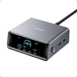 Anker Prime Charger, Trạm sạc USB C GaN Prime 250W, 6 cổng siêu nhanh, Màn hình LCD 2,26 inch và Núm điều khiển thông minh, Tương thích với MacBook Pro/Air, iPhone 16/15/14, Galaxy và nhiều thiết bị khác (Màu bạc)