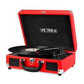 Máy thu âm vali di động Victrola Vintage Bluetooth 3 tốc độ tích hợp Loa | Nâng cấp âm thanh bàn xoay | Bao gồm thêm bút stylus-red