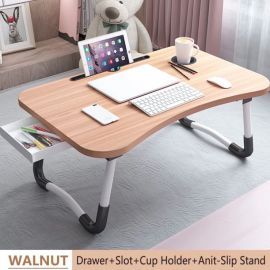 Bàn gấp PHANCIR, Bàn để máy tính xách tay bằng gỗ di động 23,6 inch, Bàn làm việc, Văn phòng, Giường, Khay để đồ trên ghế sofa có khe cắm/Giá để cốc/Ngăn kéo, Chống trượt khi đọc, viết, Ăn, Xem, Màu óc chó