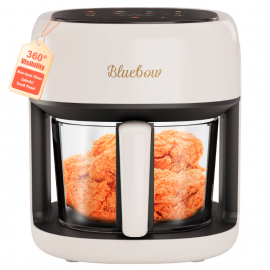 Bluebow 5 Quart Air Fryer with 360° Viewing Glass Pot, 8-in-1 Digital Touchscreen, Nonstick & Dishwasher Safe Basket, Less Oil, 1350W (White)