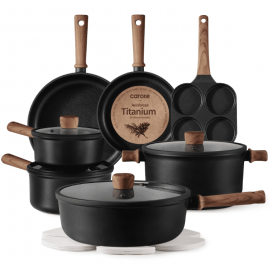 Bộ đồ nấu ăn chống dính Carote, Carote Nonstick Cookware Sets, 15 Pcs Granite Non Stick Pots and Pans Set, Induction Cookware, Black