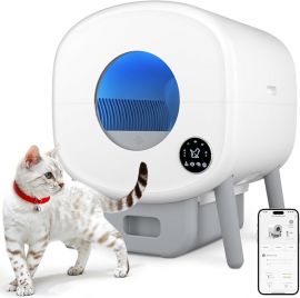 Cumrige Self Cleaning Litter Box, Hộp vệ sinh cho mèo tự động dung tích lớn, tự làm sạch cho mèo, Điều khiển bằng ứng dụng, Bảo vệ an toàn, 2 túi đựng rác cuộn, Trắng & Xám