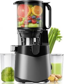 Cold Press Juicer, ống nạp rộng 5,3 inch, công suất 400W, năng suất nước ép cao, máy ép chậm cho rau củ và trái cây nguyên quả, màu xám đậm