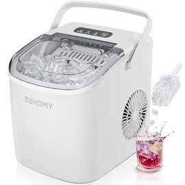 Máy làm đá EUHOMY with Handle, 26lbs in 24Hrs, 9 Ice Cubes Ready in 6 Mins, Auto-Cleaning Portable Ice Maker with Basket and Scoop, for Home/Kitchen/Camping/RV. (White)