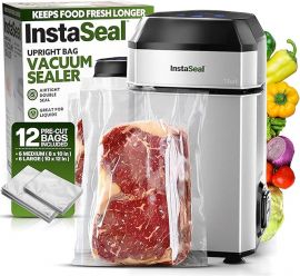 InstaSeal Vacuum Sealer for Food with 12 Bags, bảo quản thực phẩm lâu hơn gấp 5 lần, tiết kiệm không gian Thiết kế thẳng đứng nhỏ gọn cho phép máy hút chân không các loại nước ướp, súp, thịt để nấu sous vide, rau củ