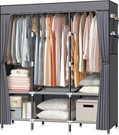 Tủ quần áo di động LOKEME, 61-Inch Portable Wardrobe with 3 Hanging Rods and 6 Storage Shelves, Non-Woven Fabric, Stable and Easy Assembly Portable Closets for Hanging Clothes with Side Pockets