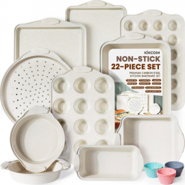 Bộ đồ nướng Kikcoin, Kikcoin Bakeware Set, 22-Piece Baking Pans Set Kitchen Carbon Steel Baking Sheet Pans with Silicone Handles, Cookie Sheets Nonstick(Beige)