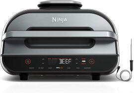 Ninja | Indoor Grill and Air Fryer | Foodi Smart XL | Lò nướng 6 trong 1, Nồi chiên không dầu, Nướng, Nướng bánh, Nướng vỉ, Sấy khô & Chiên giòn | Nhiệt kế thông minh & Tấm chắn bắn dầu | Các bộ phận an toàn với máy rửa chén | Đen/Bạc | FG5