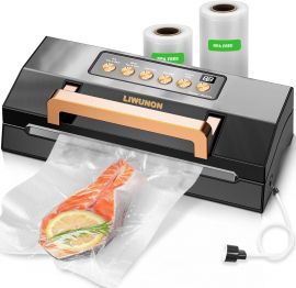 Powerful Suction Vacuum Sealer Machine, Máy hút chân không thực phẩm thương mại hoàn toàn tự động với chức năng hàn nhiệt kép, Chế độ khô và ẩm, Dao cắt tích hợp, Ngăn đựng túi, Tay cầm khóa dễ dàng, Bao gồm 2 cuộn túi (Màu đen)