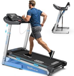WELLFIT Auto Incline Folding Treadmill - Máy chạy bộ có bàn nghiêng 10% kèm tay cầm, tải trọng 400 lbs, thiết kế gầm bàn yên tĩnh, tiết kiệm không gian, phù hợp cho văn phòng tại nhà, người cao tuổi và người tập thể hình