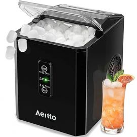 Aeitto Ice Makers Countertop, lấy 9 viên đá trong 6 phút, 26 pound/24 giờ, 2 kích cỡ máy làm đá viên, máy làm đá di động tự làm sạch có muỗng múc đá và giỏ đựng cho nhà bếp văn phòng quán bar RV, màu đen