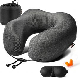 Gối du lịch MLVOC, MLVOC Travel Pillow 100% Pure Memory Foam Neck Pillow, Comfortable & Breathable Cover, Machine Washable, Airplane Travel Kit with 3D Contoured Eye Masks, Earplugs, and Luxury Bag, Standard (Black)