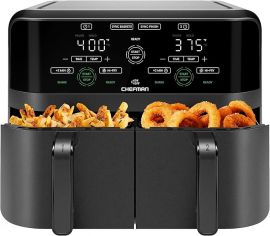 Chefman 6 Quart Dual Basket Air Fryer - Màn hình cảm ứng kỹ thuật số, Hoàn thiện Smart Sync, Hi-Fry, Tự động tắt, 2 giỏ chiên chống dính 3QT độc lập, an toàn với máy rửa chén - Nồi chiên không dầu đôi kỹ thuật số - Màu đen