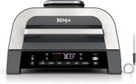 Ninja DG551 Foodi Smart XL 6-in-1 Indoor Grill with Air Fry, nướng, nướng bánh, nướng vỉ và sấy khô, Nhiệt kế thông minh Foodi, thế hệ thứ 2, đen/bạc