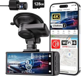 REDTIGER 4K Dash Cam Front and Rear, cảm biến STARVIS 2, màn hình cảm ứng 3,18", bao gồm thẻ nhớ 128GB, điều khiển bằng giọng nói, camera hành trình ô tô WiFi 5,8 GHz, GPS, tầm nhìn ban đêm, khóa khẩn cấp, chế độ đỗ xe (cảm ứng F7N)