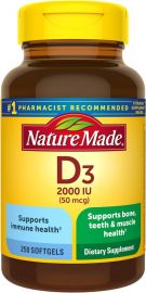 Thực phẩm bổ sung hỗ trợ sức khỏe xương Nature Made Vitamin D3 2000 IU (50 mcg), Teeth, Muscle and Immune Health Support, 250 Softgels, 250 Day Supply