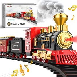 Bộ tàu lửa đường ray Hot Bee - Train Toys for Boys w/Smokes, Lights & Sound, Toy Train w/Steam Locomotive, Cargo Cars & Tracks, Toddler Model Train Set for 3 4 5 6 7 8+ Year Old Kids Birthday Gifts