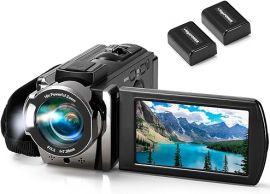 Máy quay Camcorder Digital Camera Recorder Full HD 1080P 15FPS 24MP 3.0 Inch 270 Degree Rotation LCD 16X Digital Zoom Camcorder Camera with 2 Batteries(Black)