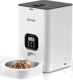 Máy cho mèo ăn tự động VOLUAS, VOLUAS Automatic Cat Feeders - Timed Pet Feeder for Cats and Dogs with Dry Food Dispenser, Desiccant Bag, Programmable Portion Control, 4 Daily Meals, 10s Voice Recorder