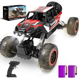 Xe ô tô điều khiển từ xa 4WD địa hình 2,4 GHz RC Monster Truck có vỏ kim loại và đèn, Remote Control Car Crawler for Adult and Kid, 2 Batteries, Red